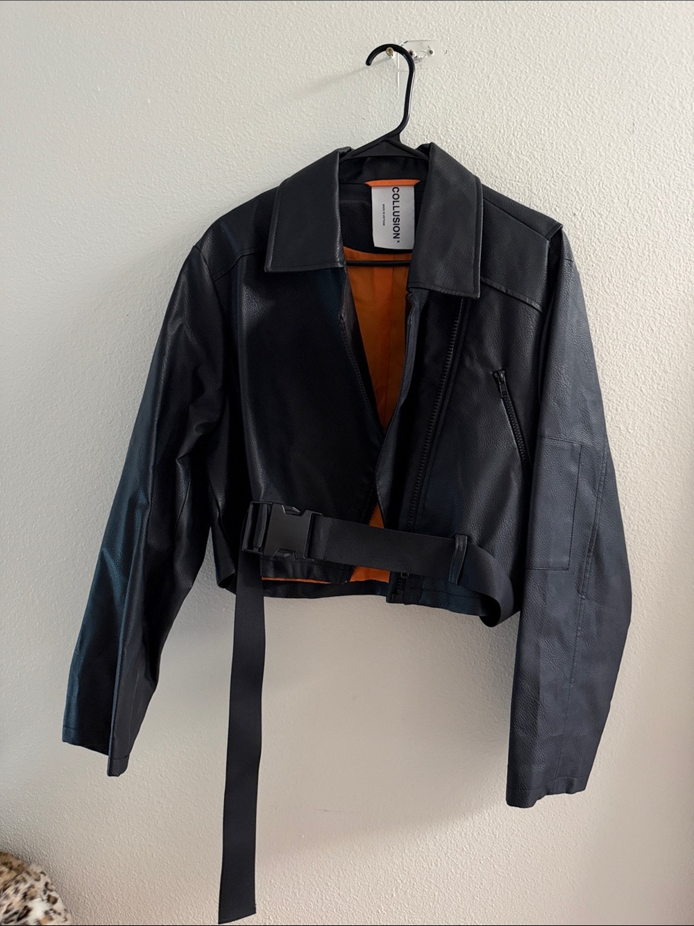 Collision Black Cropped Faux Leather Jacket with Belt Never Worn